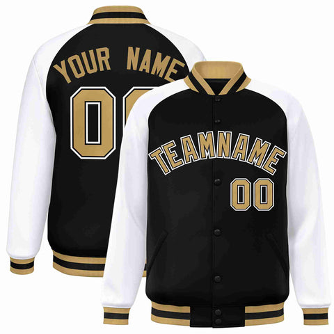 Custom Black Old Gold-Black Raglan Sleeves Varsity Full-Snap Letterman Jacket