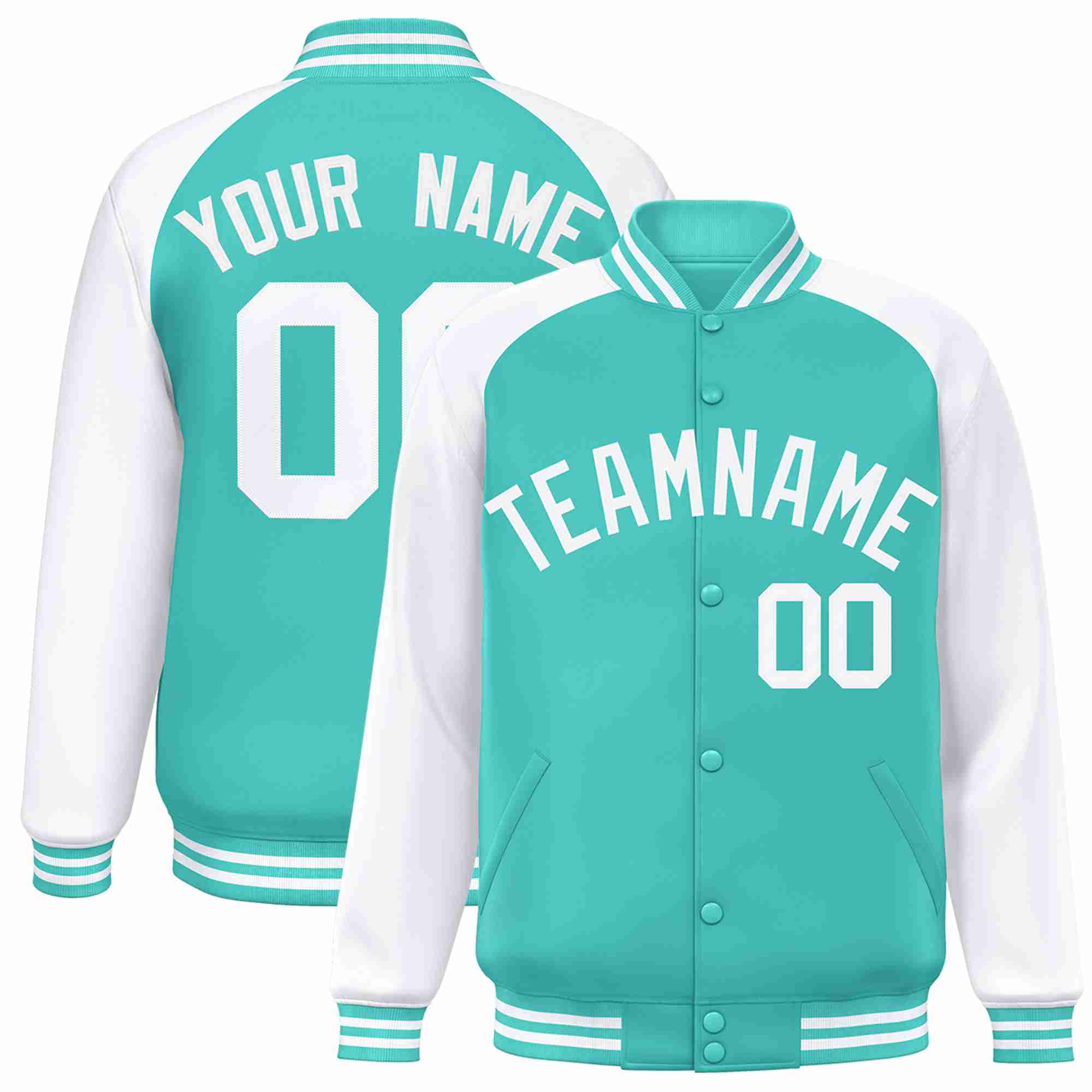 Veste Letterman Varsity Full-Snap à manches raglan blanches Aqua personnalisées