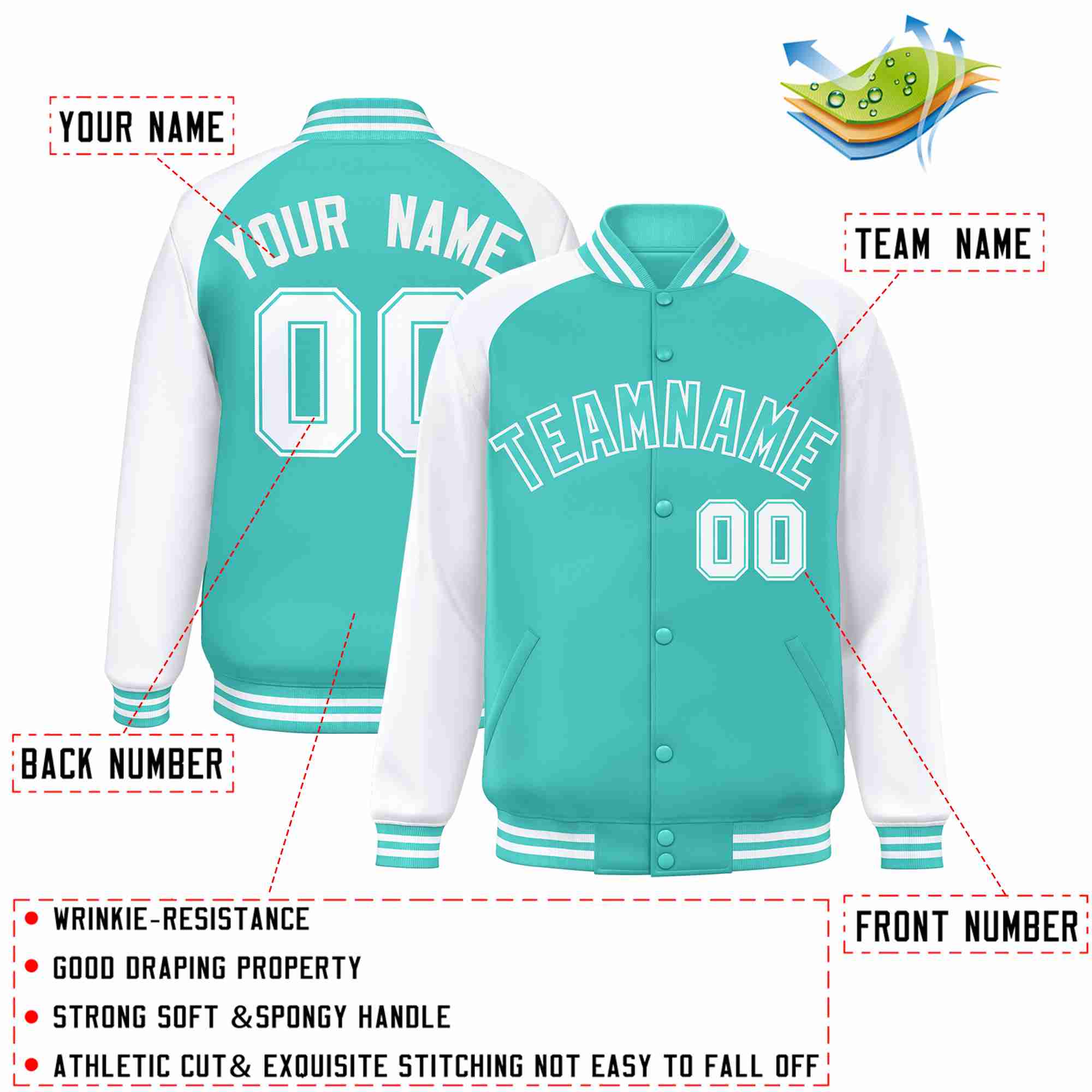 Custom Aqua White Raglan Sleeves Varsity Full-Snap Letterman Jacket