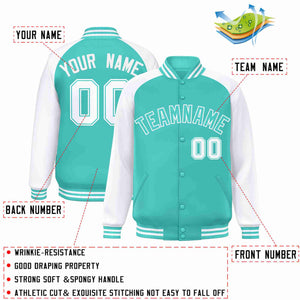 Custom Aqua White Raglan Sleeves Varsity Full-Snap Letterman Jacket