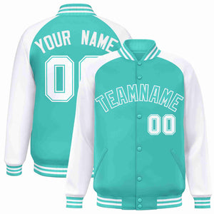 Custom Aqua White Raglan Sleeves Varsity Full-Snap Letterman Jacket