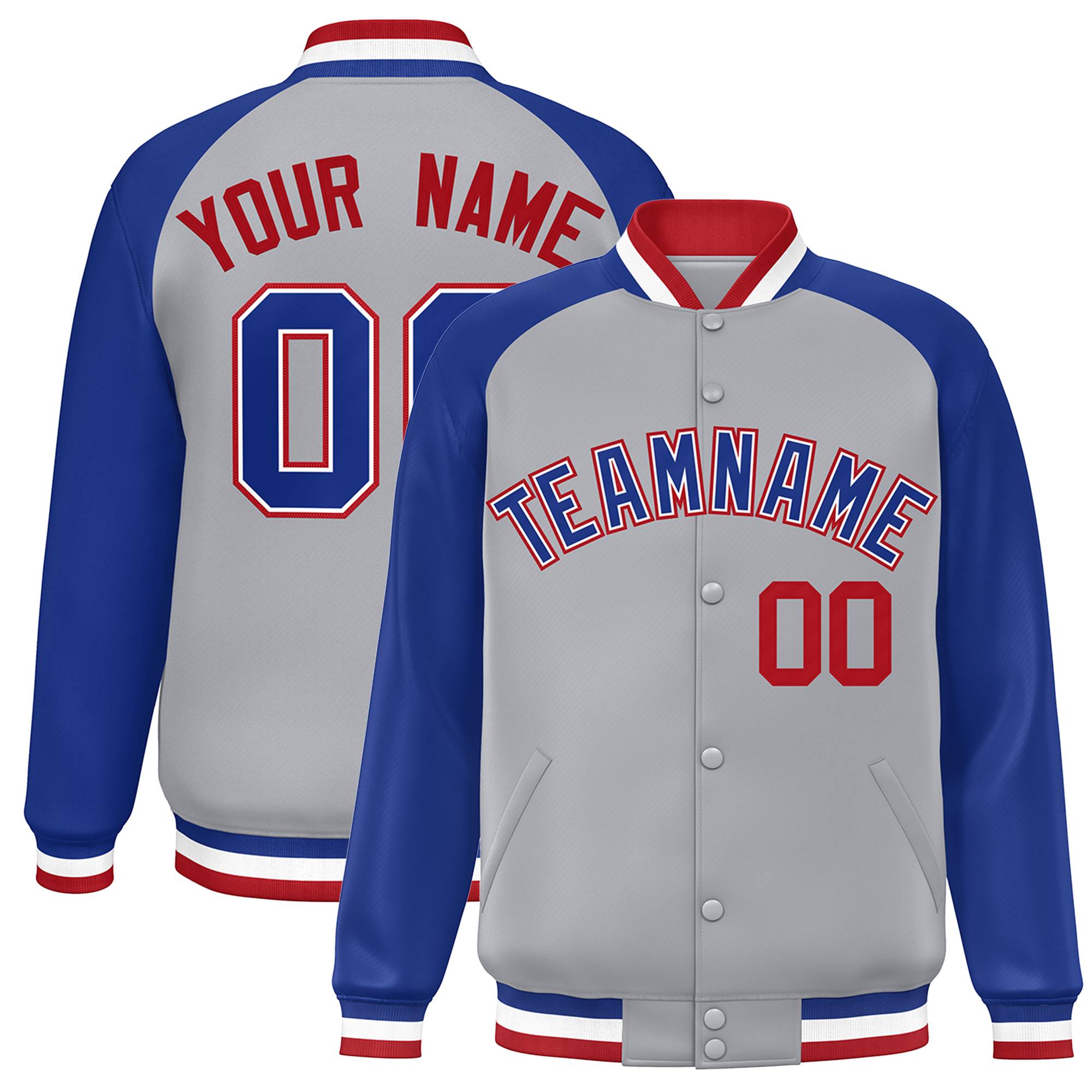 Custom Gray Royal-White Raglan Sleeves Varsity Full-Snap Letterman Jacket