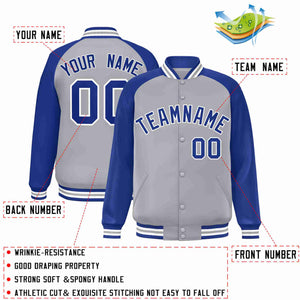 Veste Letterman Varsity Full-Snap à manches raglan gris royal-blanc personnalisée