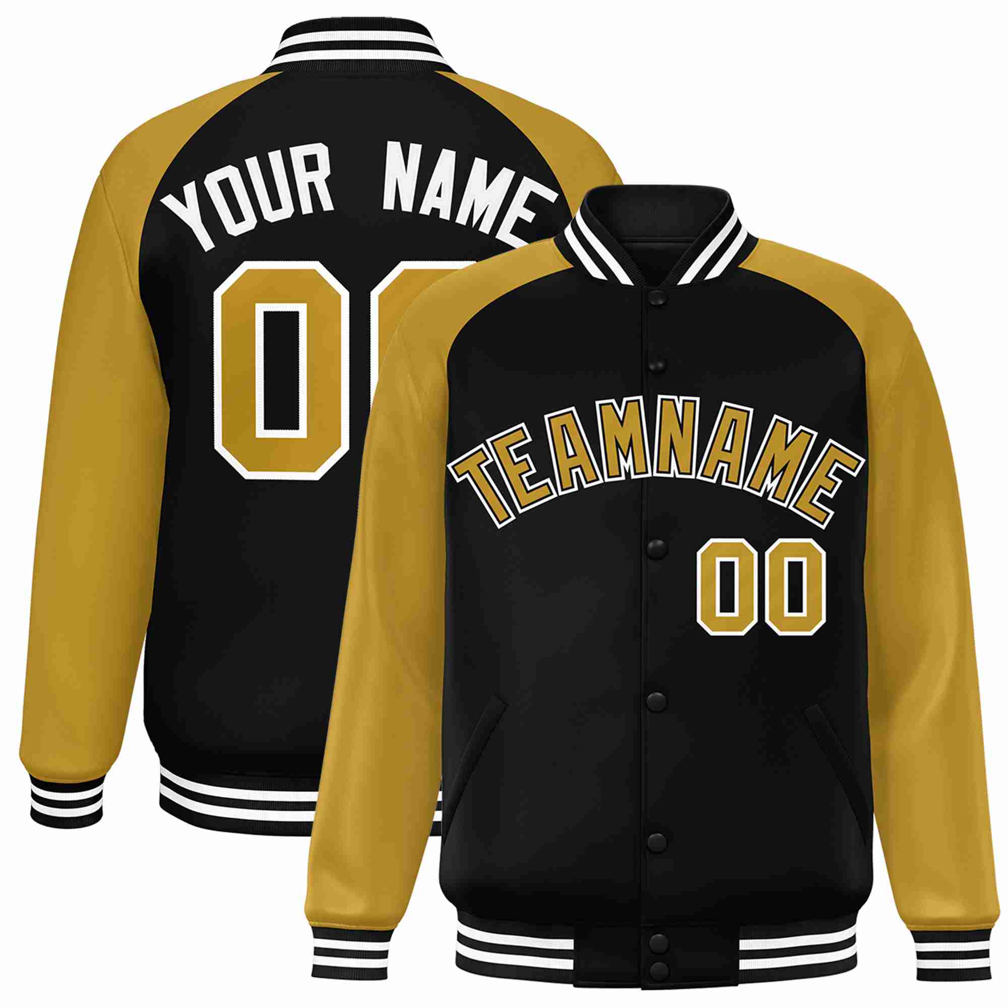 Custom Black Old Gold-Black Raglan Sleeves Varsity Full-Snap Letterman Jacket