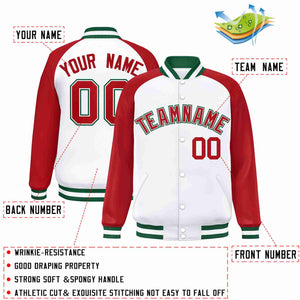 Custom White Red-White Raglan Sleeves Varsity Full-Snap Letterman Jacket