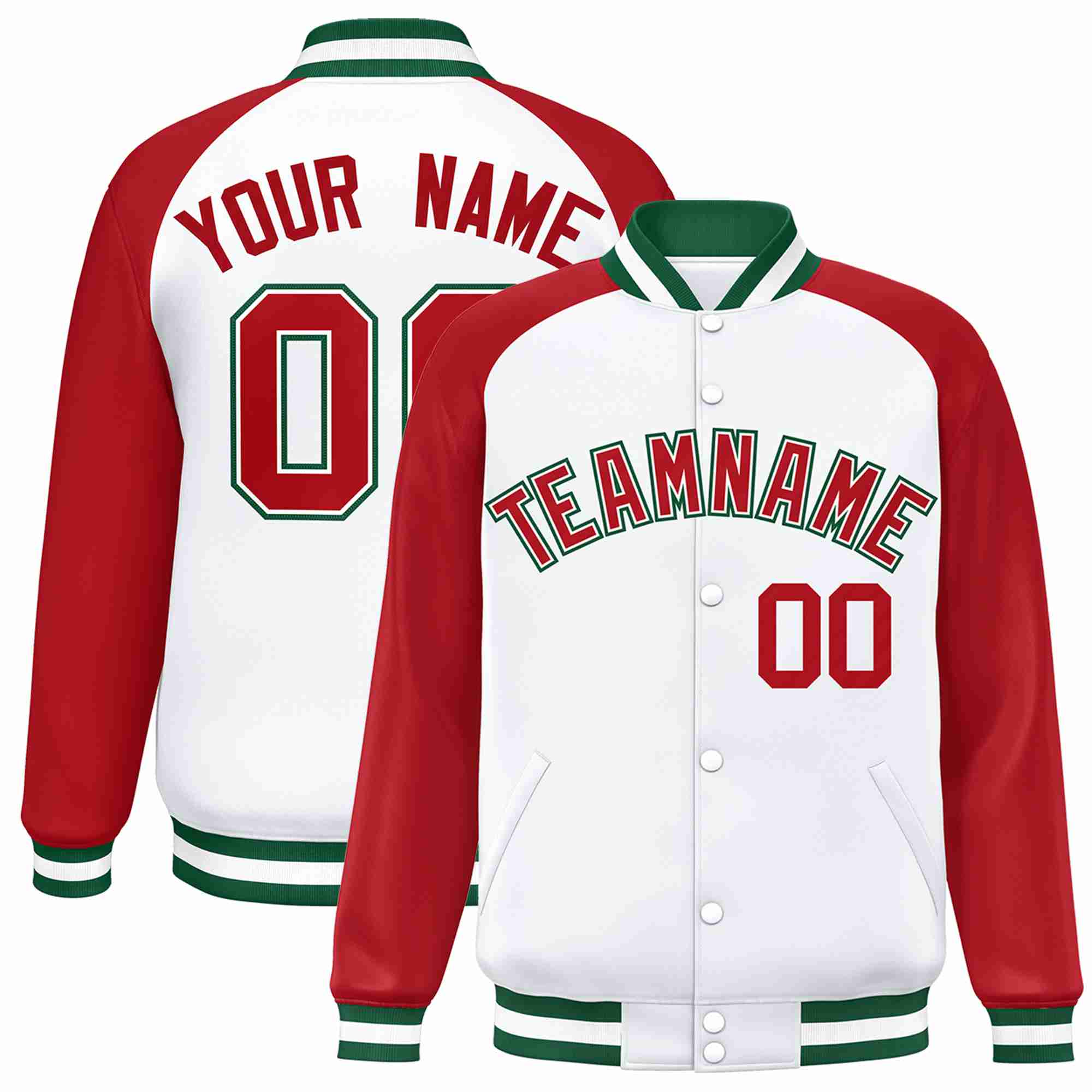 Veste Letterman Varsity Full-Snap à manches raglan blanc rouge-blanc personnalisée