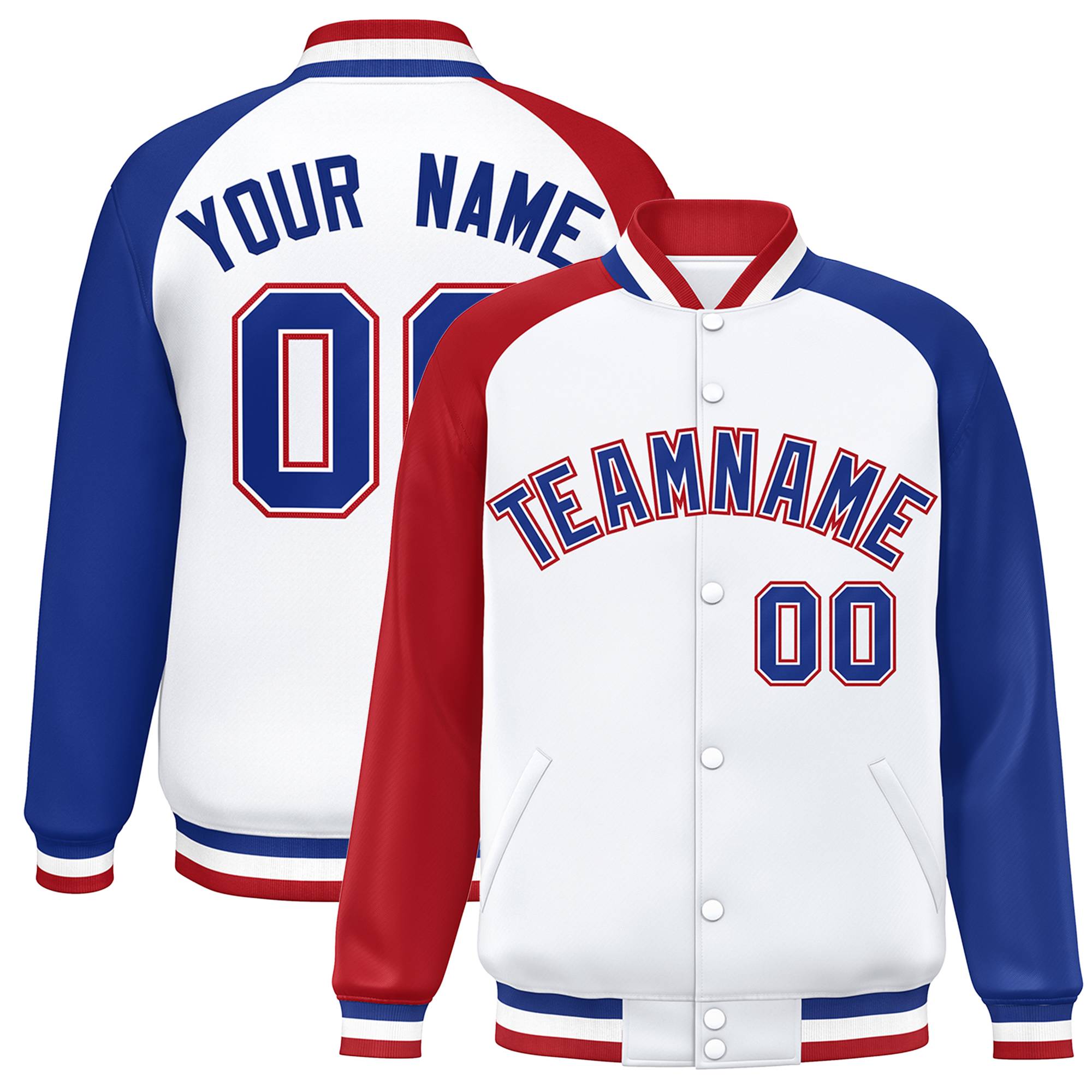 Custom White Royal-White Raglan Sleeves Varsity Full-Snap Letterman Jacket