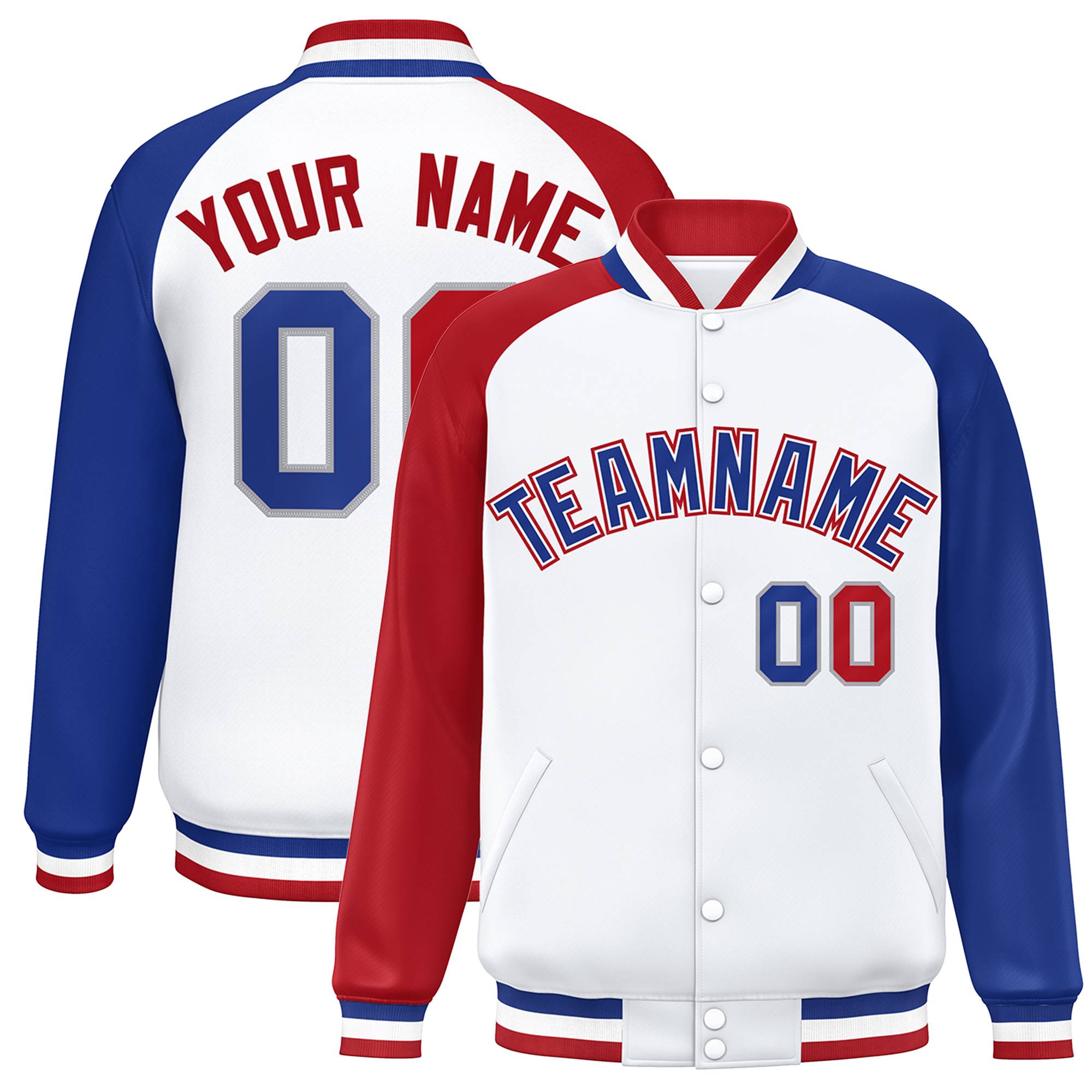 Veste Letterman Varsity Full-Snap à manches raglan blanc royal-blanc personnalisée