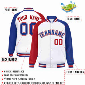 Custom White Royal-White Raglan Sleeves Varsity Full-Snap Letterman Jacket