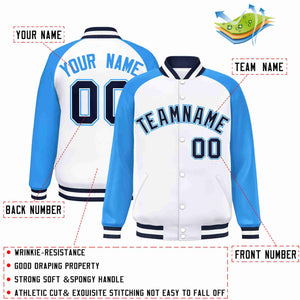 Custom White Navy-White Raglan Sleeves Varsity Full-Snap Letterman Jacket