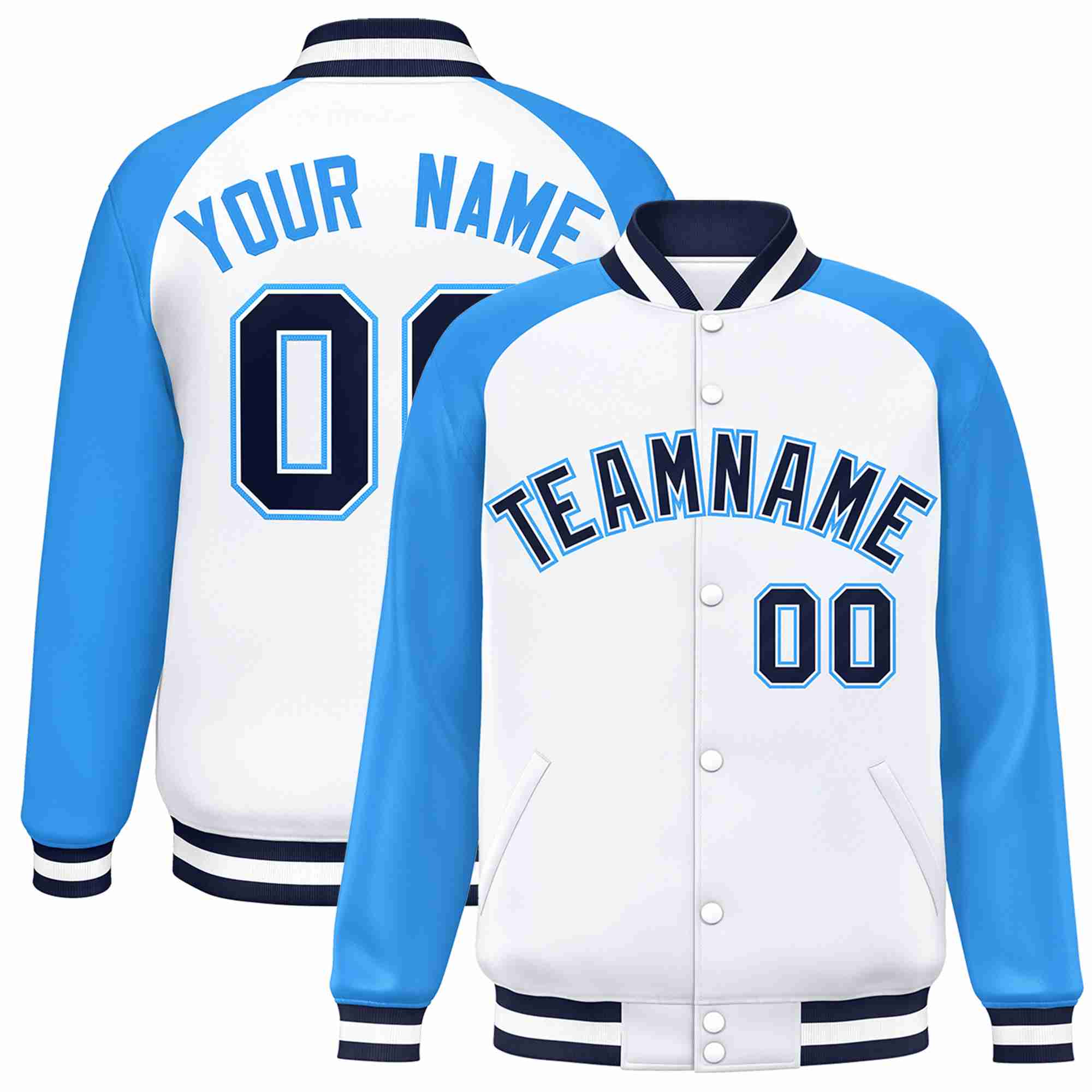 Custom White Navy-White Raglan Sleeves Varsity Full-Snap Letterman Jacket