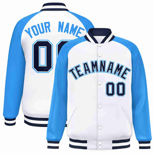 Veste Letterman Varsity Full-Snap à manches raglan blanches et blanches personnalisées