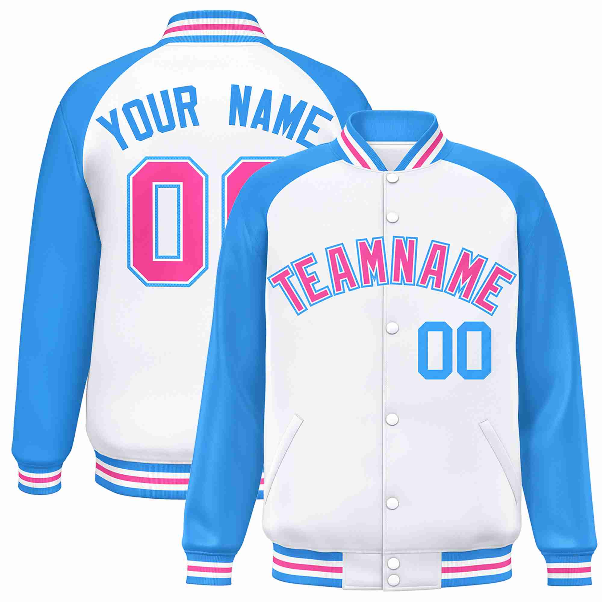 Custom White Pink-White Raglan Sleeves Varsity Full-Snap Letterman Jacket