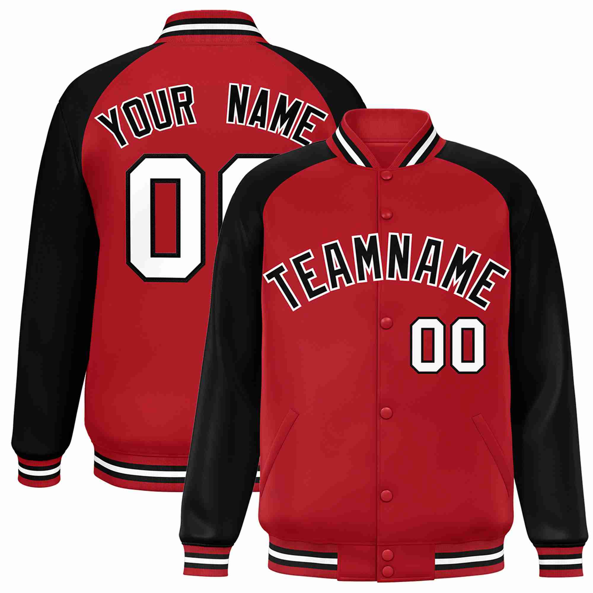 Veste Letterman Varsity Full-Snap à manches raglan rouge noir-blanc personnalisée