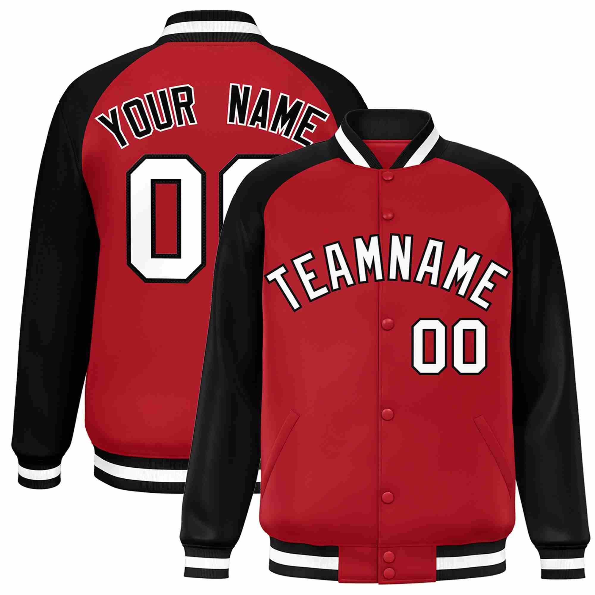 Custom Red White-Black Raglan Sleeves Varsity Full-Snap Letterman Jacket