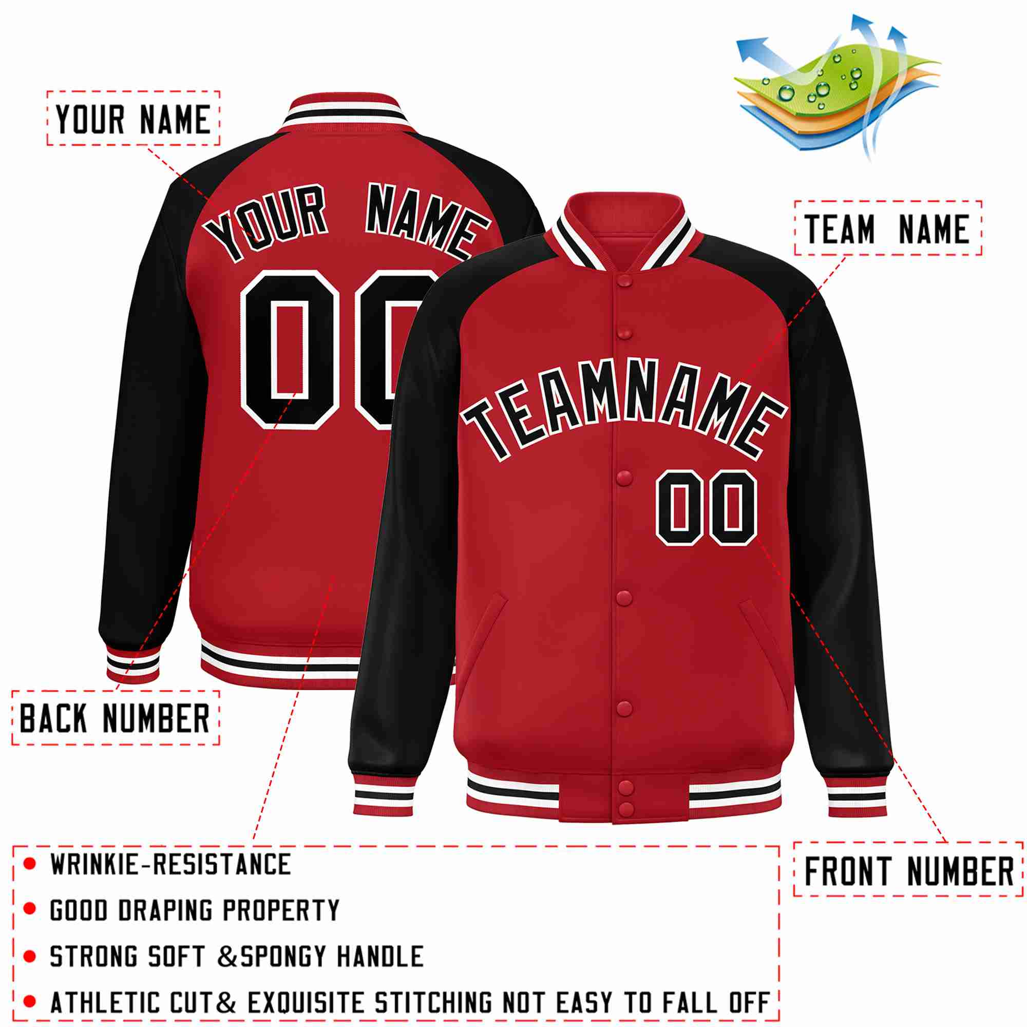 Veste Letterman Varsity Full-Snap à manches raglan rouge noir-blanc personnalisée