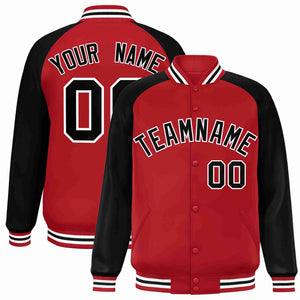 Veste Letterman Varsity Full-Snap à manches raglan rouge noir-blanc personnalisée