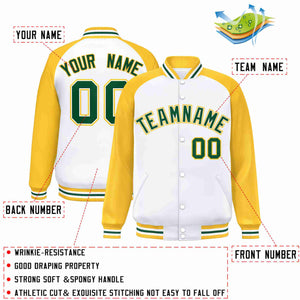 Custom White Green-White Raglan Sleeves Varsity Full-Snap Letterman Jacket