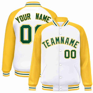 Custom White Green-White Raglan Sleeves Varsity Full-Snap Letterman Jacket