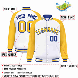 Veste Letterman Varsity Full-Snap Custom White Gold-Royal Raglan Sleeves