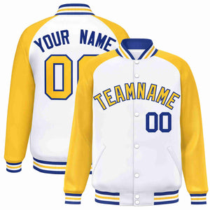 Veste Letterman Varsity Full-Snap Custom White Gold-Royal Raglan Sleeves