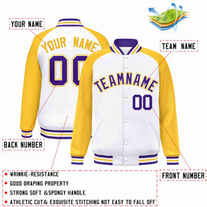 Veste Letterman Varsity Full-Snap personnalisée à manches raglan blanc violet-blanc