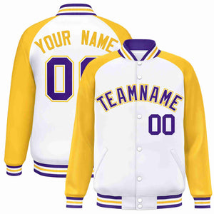 Veste Letterman Varsity Full-Snap personnalisée à manches raglan blanc violet-blanc