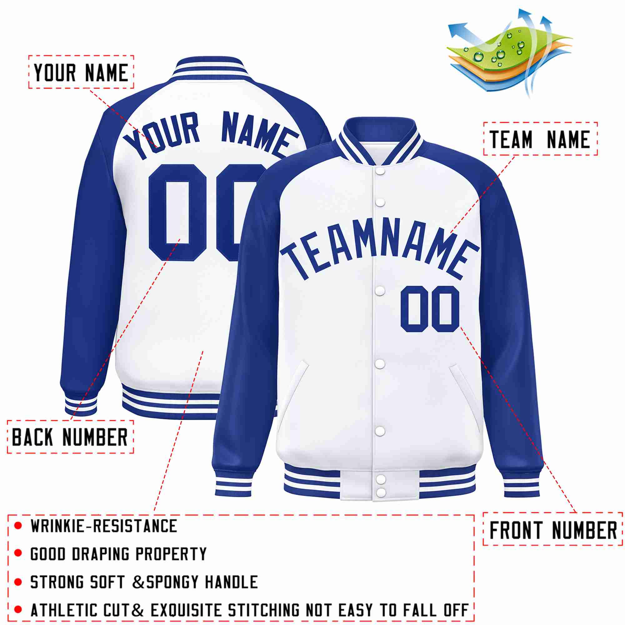 Veste Letterman Varsity Full-Snap à manches raglan royales blanches personnalisées