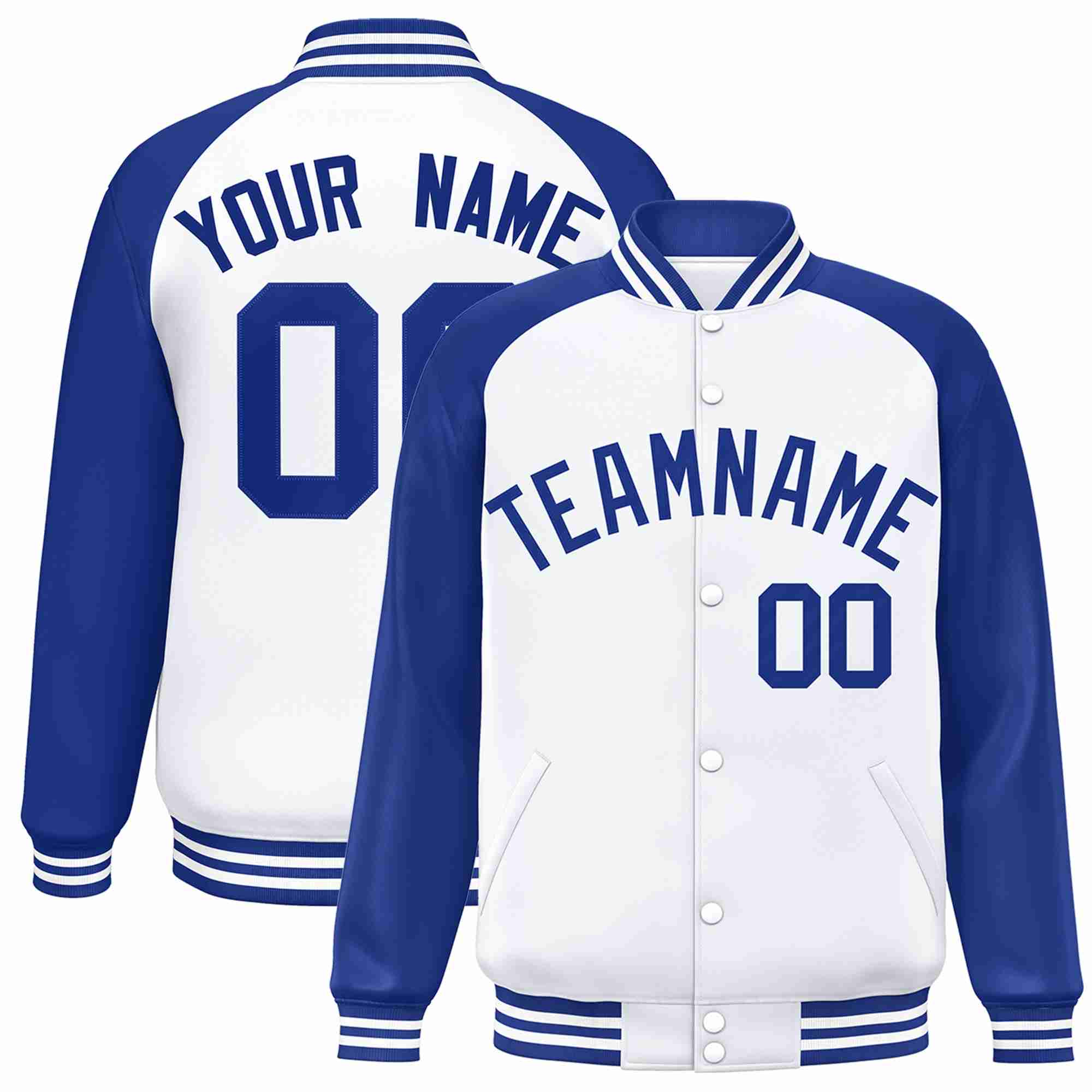 Veste Letterman Varsity Full-Snap à manches raglan royales blanches personnalisées