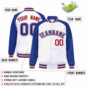 Veste Letterman Varsity Full-Snap à manches raglan blanc royal-blanc personnalisée