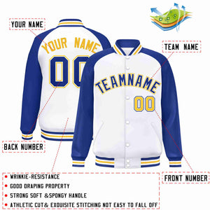 Veste Letterman Varsity Full-Snap à manches raglan blanc royal-blanc personnalisée