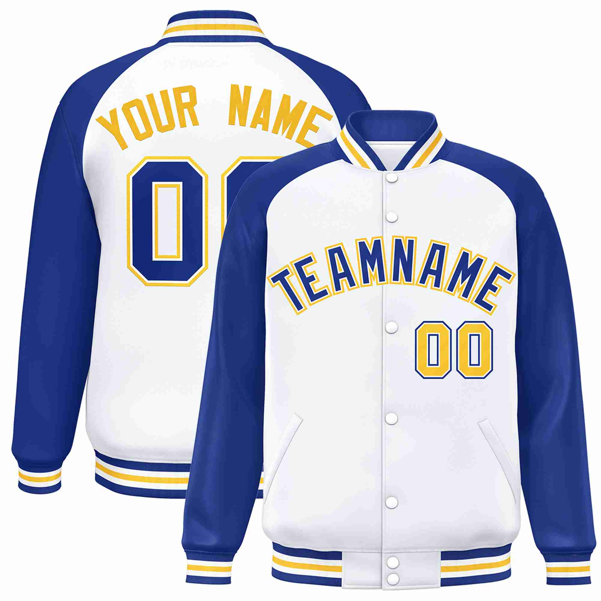 Veste Letterman Varsity Full-Snap à manches raglan blanc royal-blanc personnalisée