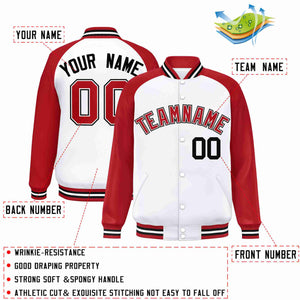 Veste Letterman Varsity Full-Snap à manches raglan blanc rouge-blanc personnalisée