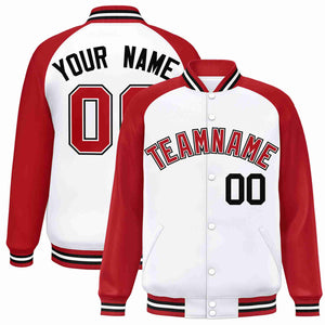 Veste Letterman Varsity Full-Snap à manches raglan blanc rouge-blanc personnalisée