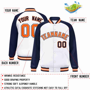 Custom White Orange-White Raglan Sleeves Varsity Full-Snap Letterman Jacket