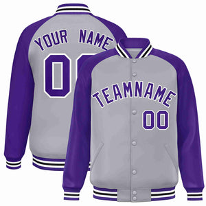 Veste Letterman Varsity Full-Snap à manches raglan gris violet-blanc personnalisée