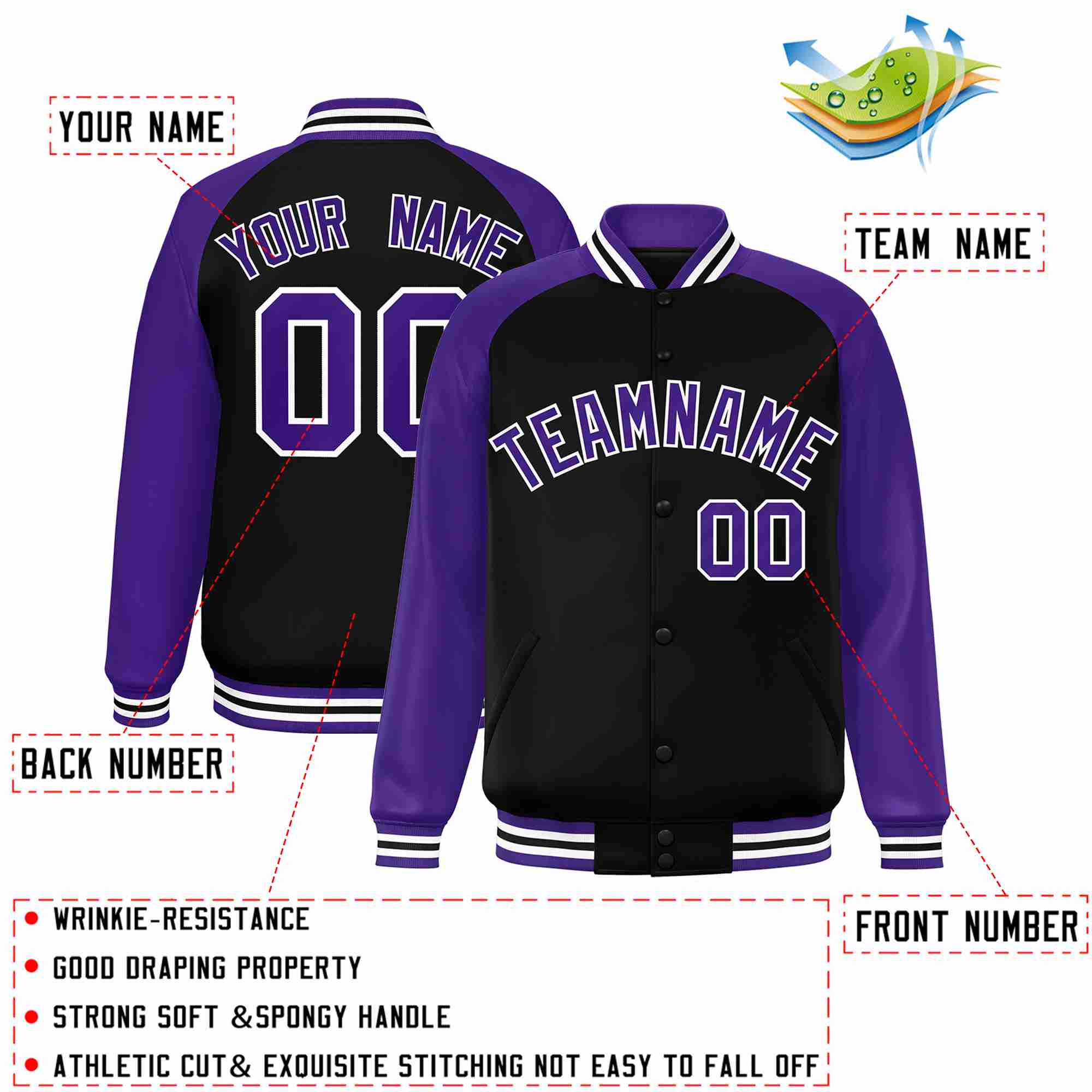 Veste Letterman Varsity Full-Snap à manches raglan personnalisées noir violet-blanc