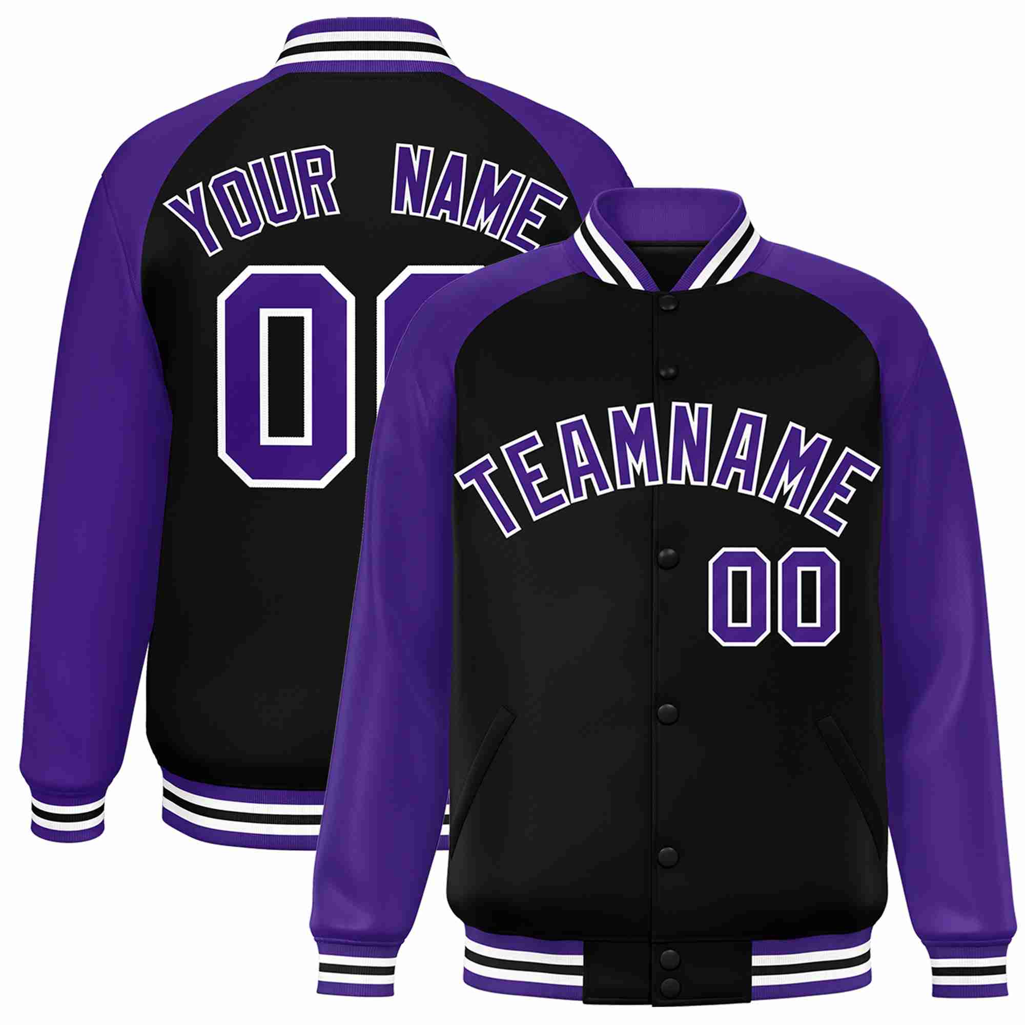 Veste Letterman Varsity Full-Snap à manches raglan personnalisées noir violet-blanc