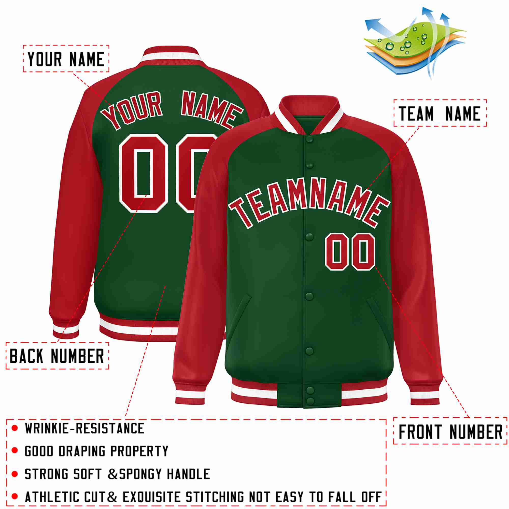 Custom Green Red-White Raglan Sleeves Varsity Full-Snap Letterman Jacket