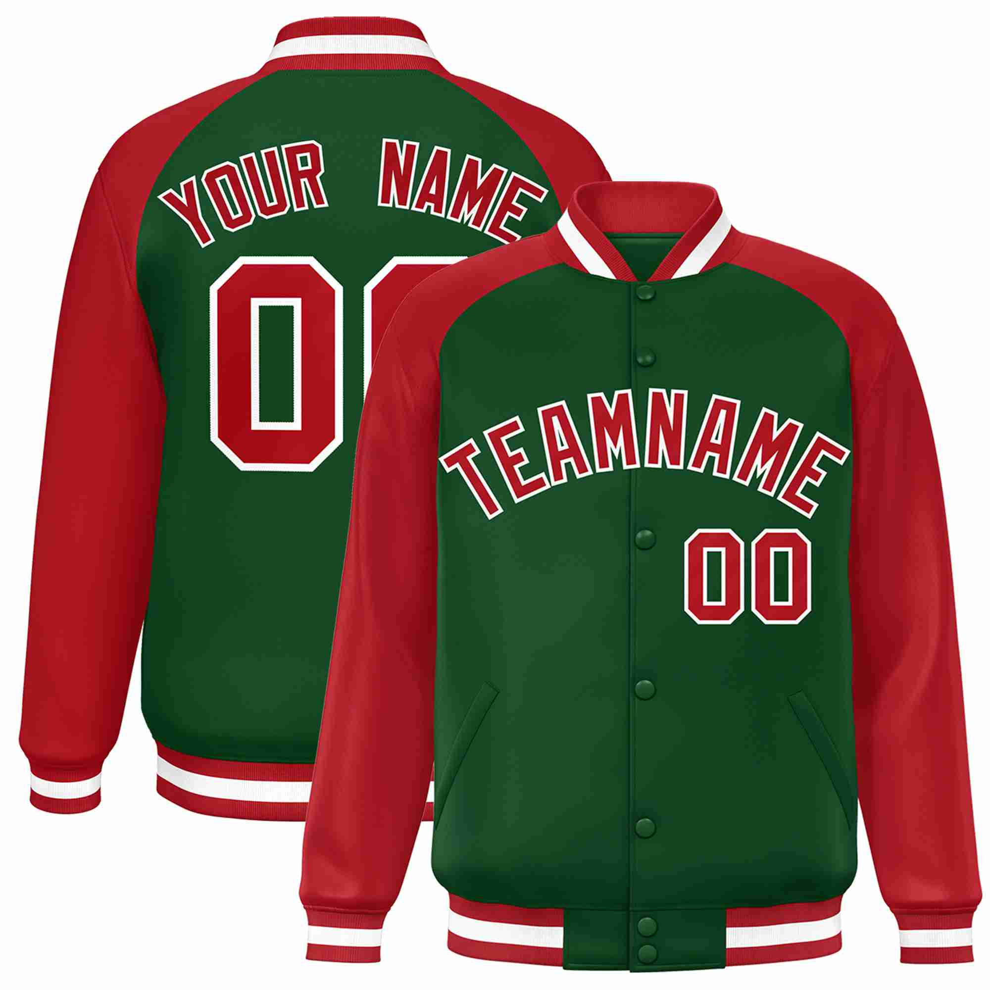 Custom Green Red-White Raglan Sleeves Varsity Full-Snap Letterman Jacket