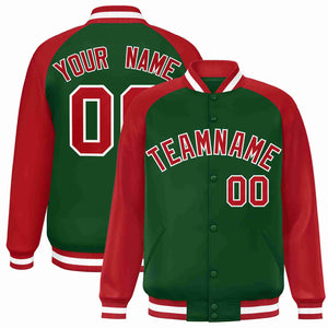 Veste Letterman Varsity Full-Snap à manches raglan personnalisées vert rouge-blanc