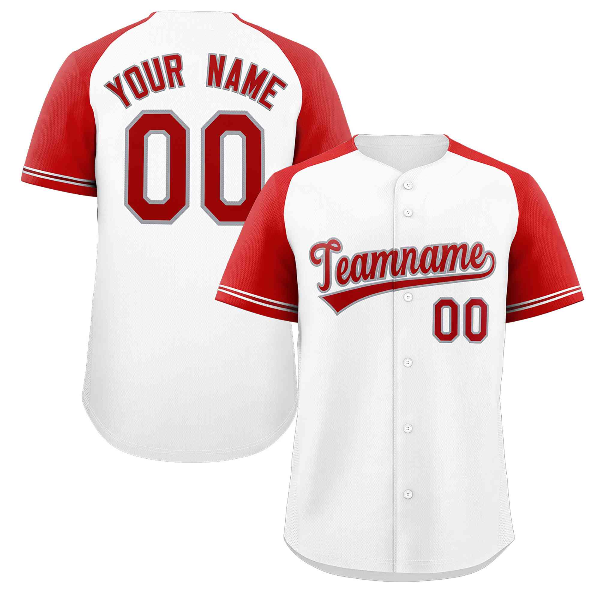 Maillot de baseball authentique à manches raglan blanc rouge-gris personnalisé