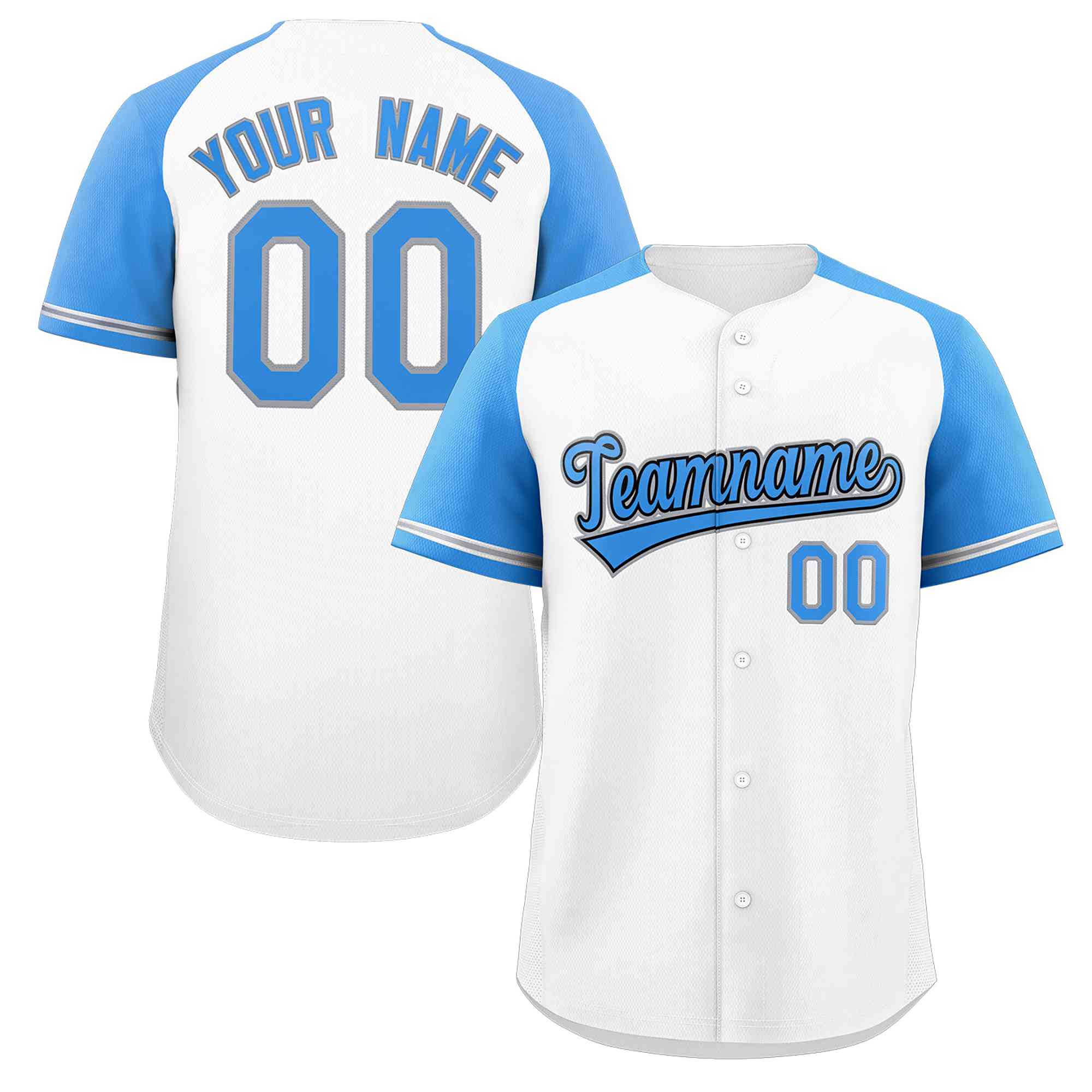 Maillot de baseball authentique à manches raglan blanc bleu clair-noir personnalisé