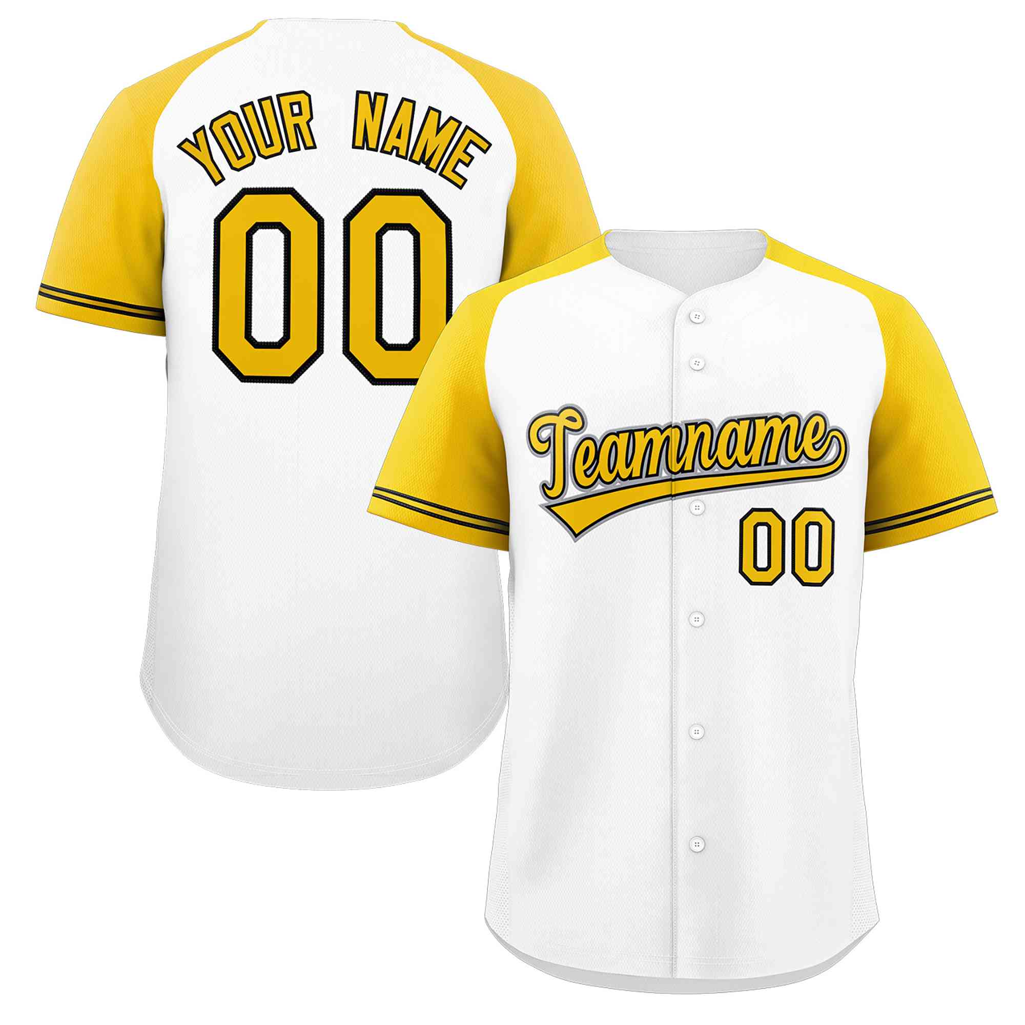 Maillot de baseball authentique à manches raglan blanc jaune-noir personnalisé