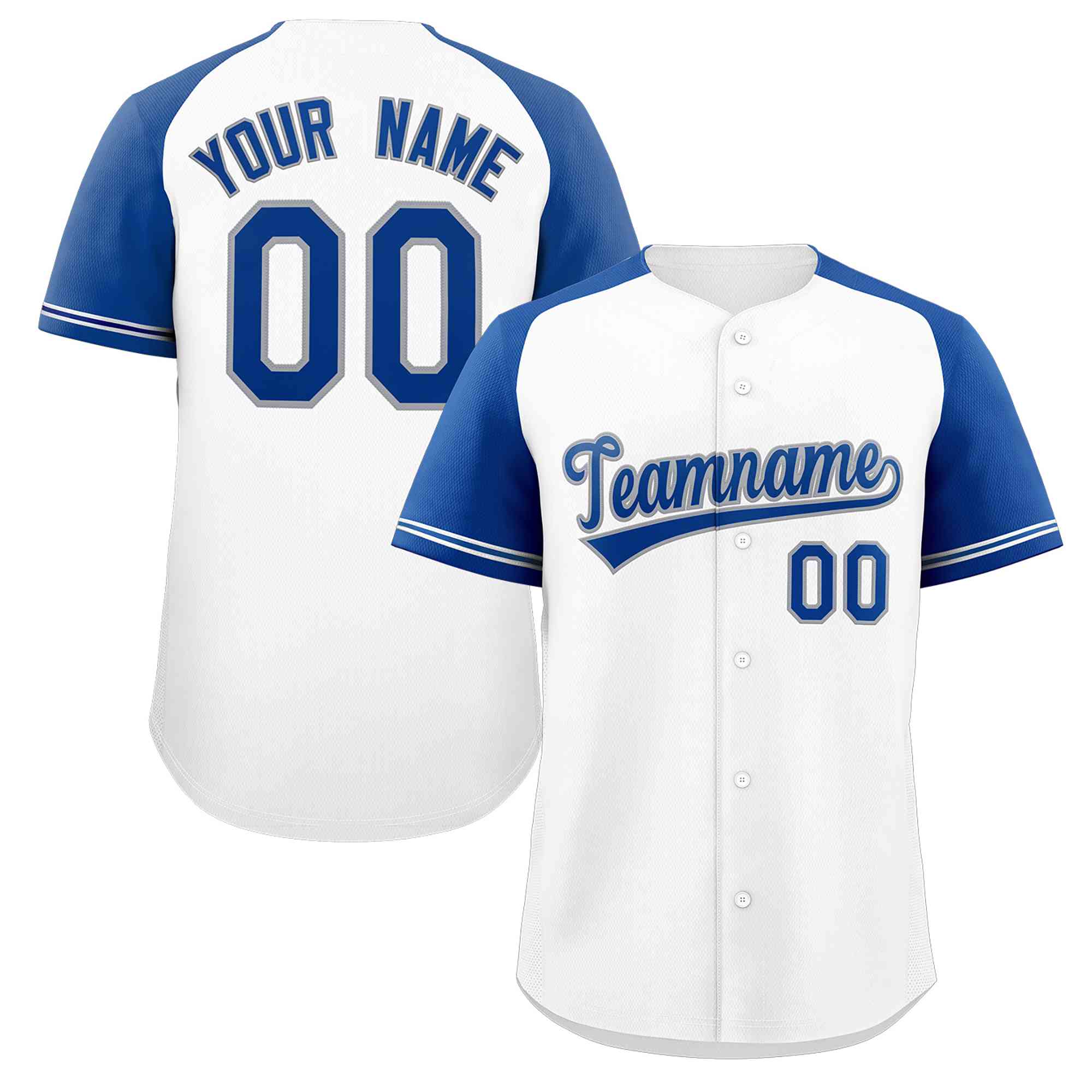 Maillot de baseball authentique à manches raglan blanc royal-gris personnalisé