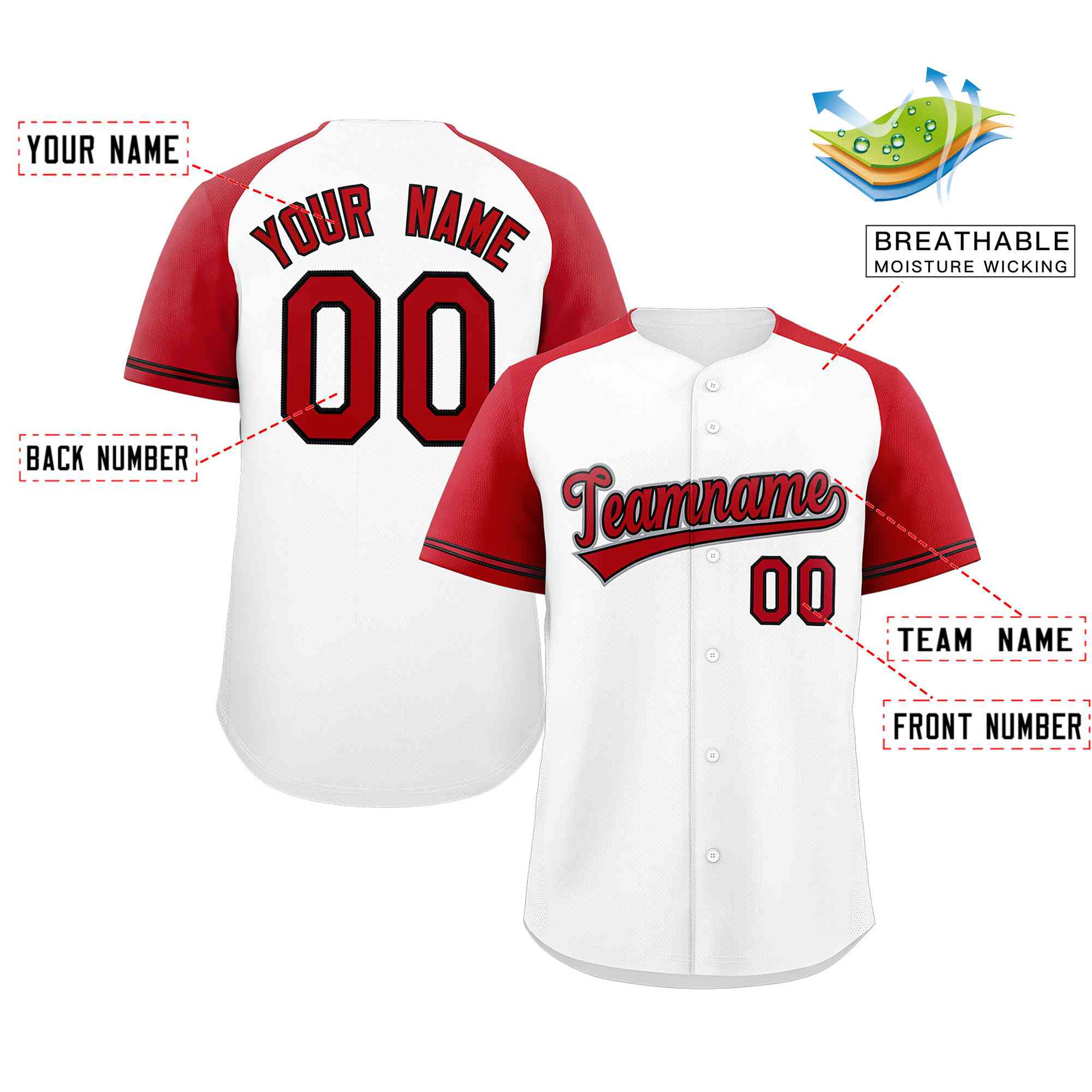 Maillot de baseball authentique à manches raglan blanc rouge-noir personnalisé