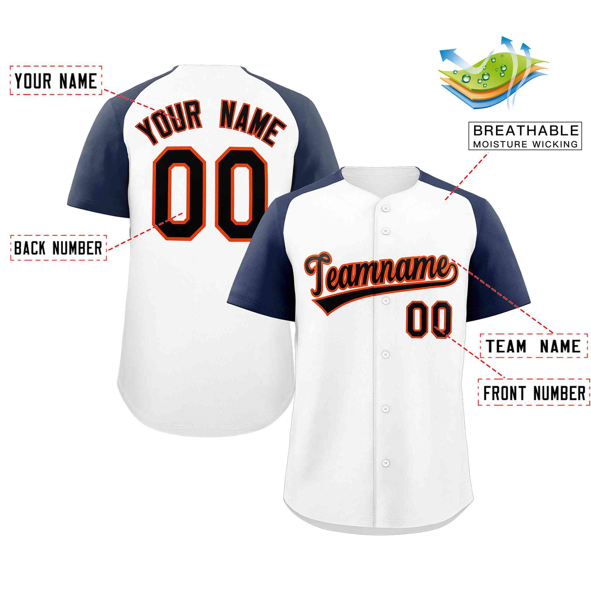 Maillot de baseball authentique à manches raglan blanc noir-orange personnalisé