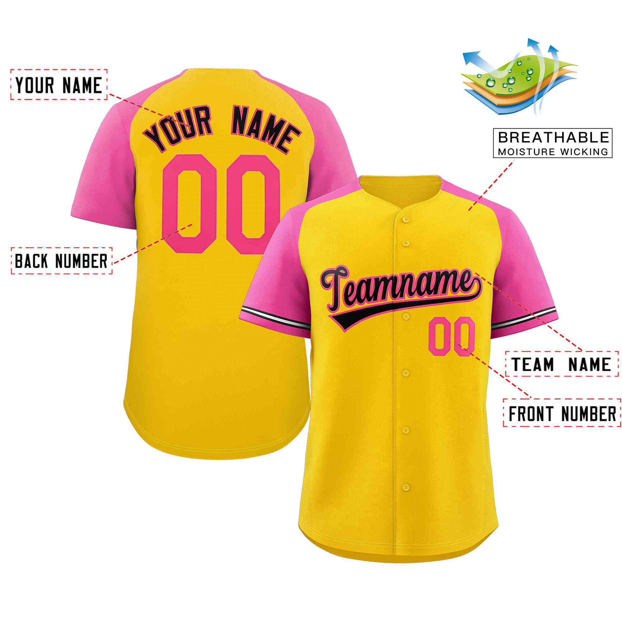 Custom Yellow Black-Pink Raglan Sleeves Authentic Baseball Jersey