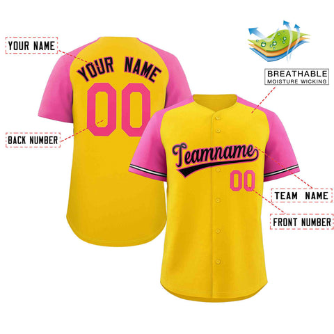 Custom Yellow Black-Pink Raglan Sleeves Authentic Baseball Jersey