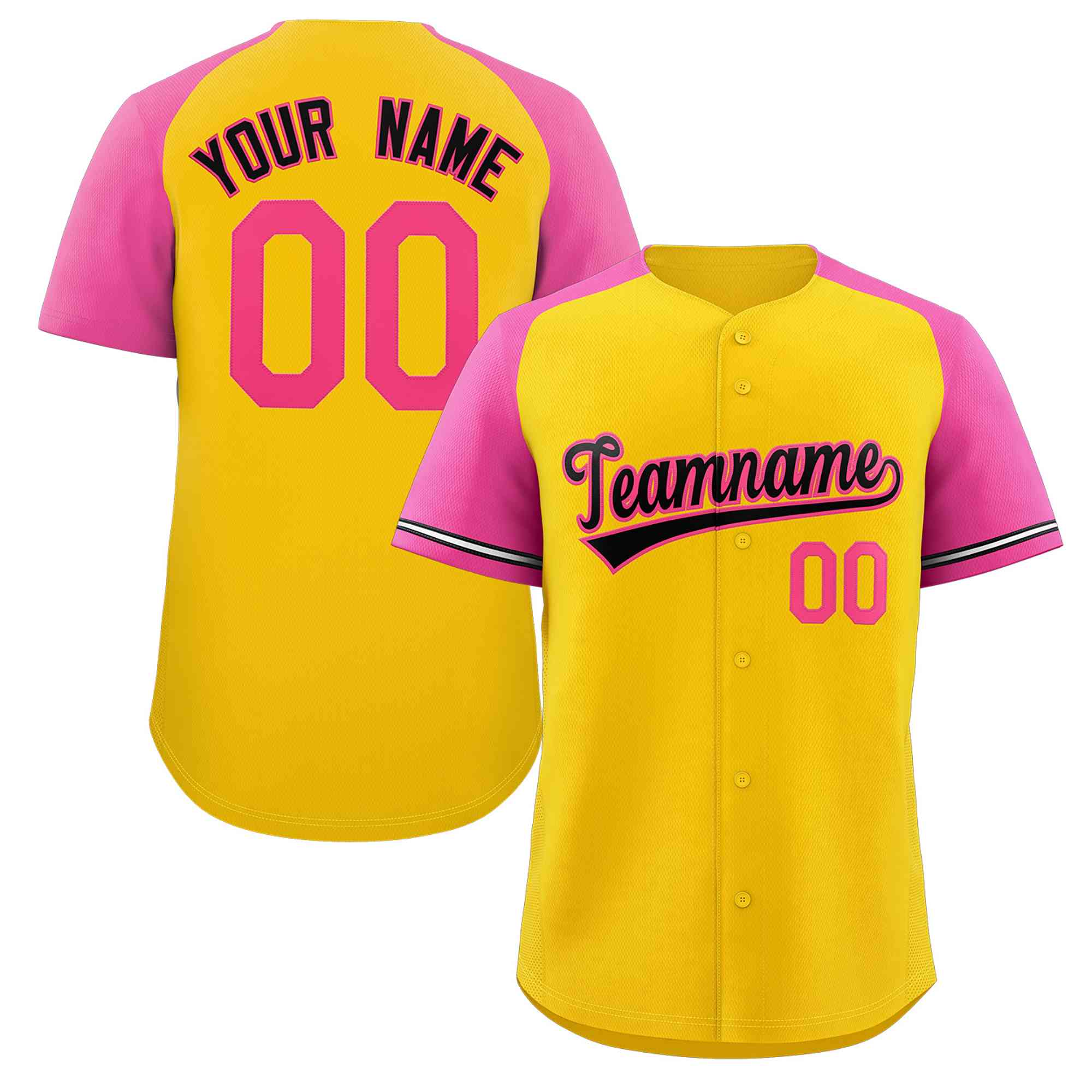 Maillot de baseball authentique à manches raglan jaune noir-rose personnalisé